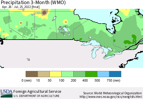 Canada Precipitation 3-Month (WMO) Thematic Map For 4/26/2022 - 7/25/2022