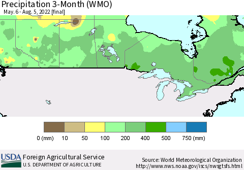 Canada Precipitation 3-Month (WMO) Thematic Map For 5/6/2022 - 8/5/2022