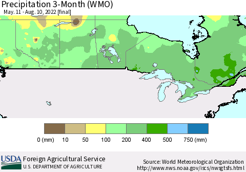 Canada Precipitation 3-Month (WMO) Thematic Map For 5/11/2022 - 8/10/2022