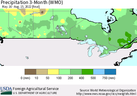 Canada Precipitation 3-Month (WMO) Thematic Map For 5/16/2022 - 8/15/2022