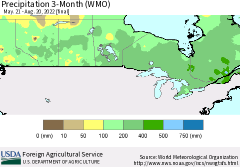 Canada Precipitation 3-Month (WMO) Thematic Map For 5/21/2022 - 8/20/2022