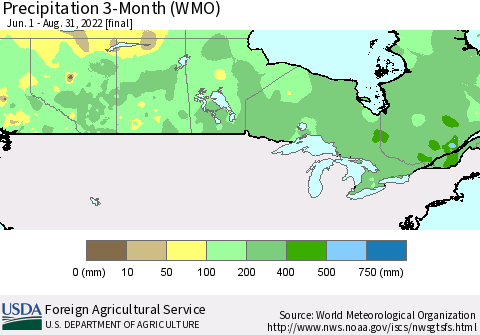 Canada Precipitation 3-Month (WMO) Thematic Map For 6/1/2022 - 8/31/2022