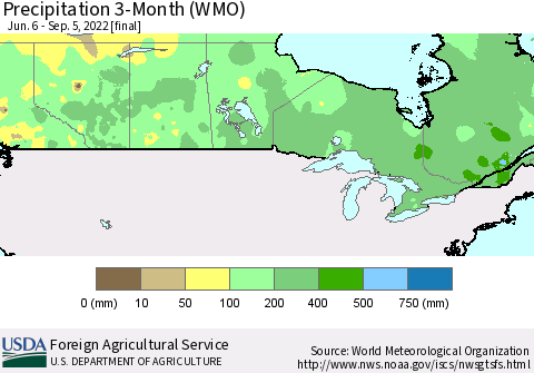Canada Precipitation 3-Month (WMO) Thematic Map For 6/6/2022 - 9/5/2022