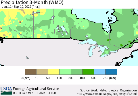 Canada Precipitation 3-Month (WMO) Thematic Map For 6/11/2022 - 9/10/2022