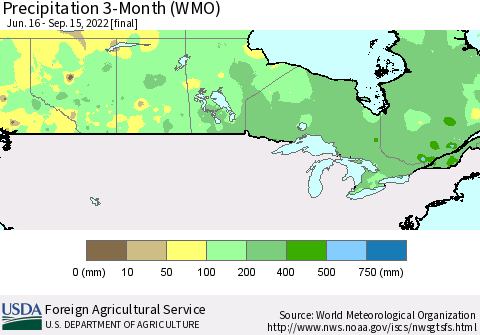 Canada Precipitation 3-Month (WMO) Thematic Map For 6/16/2022 - 9/15/2022