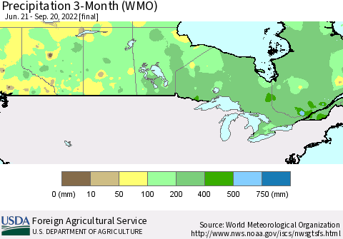 Canada Precipitation 3-Month (WMO) Thematic Map For 6/21/2022 - 9/20/2022