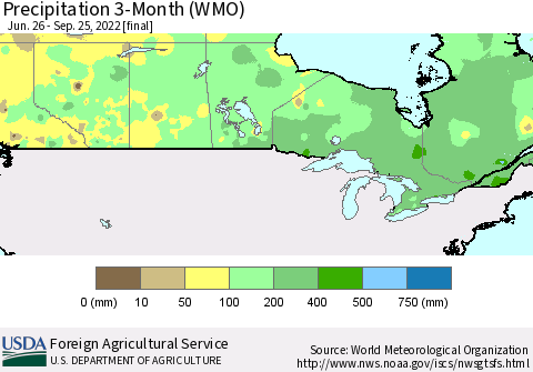 Canada Precipitation 3-Month (WMO) Thematic Map For 6/26/2022 - 9/25/2022