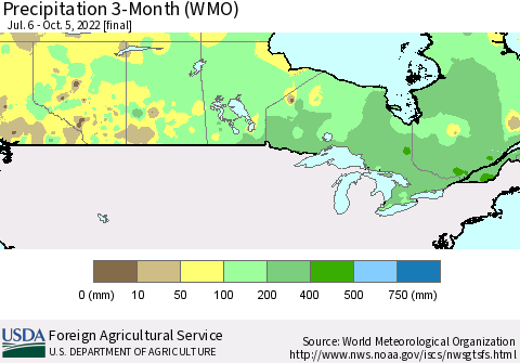 Canada Precipitation 3-Month (WMO) Thematic Map For 7/6/2022 - 10/5/2022