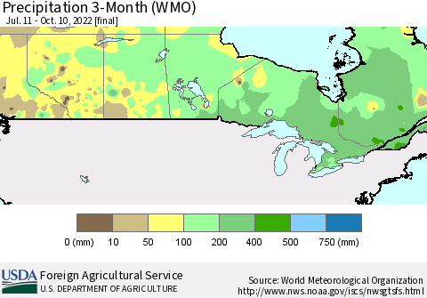 Canada Precipitation 3-Month (WMO) Thematic Map For 7/11/2022 - 10/10/2022