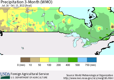 Canada Precipitation 3-Month (WMO) Thematic Map For 7/16/2022 - 10/15/2022
