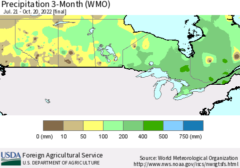 Canada Precipitation 3-Month (WMO) Thematic Map For 7/21/2022 - 10/20/2022