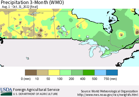 Canada Precipitation 3-Month (WMO) Thematic Map For 8/1/2022 - 10/31/2022