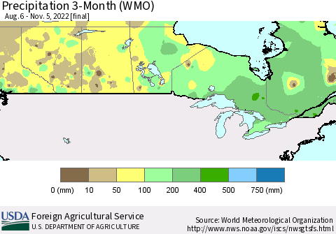 Canada Precipitation 3-Month (WMO) Thematic Map For 8/6/2022 - 11/5/2022