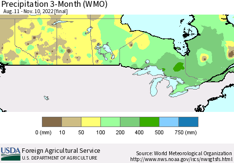 Canada Precipitation 3-Month (WMO) Thematic Map For 8/11/2022 - 11/10/2022