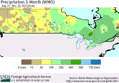 Canada Precipitation 3-Month (WMO) Thematic Map For 8/21/2022 - 11/20/2022