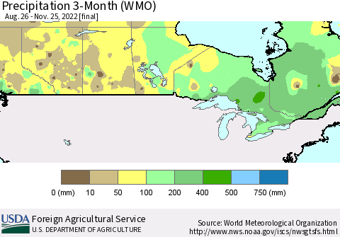 Canada Precipitation 3-Month (WMO) Thematic Map For 8/26/2022 - 11/25/2022