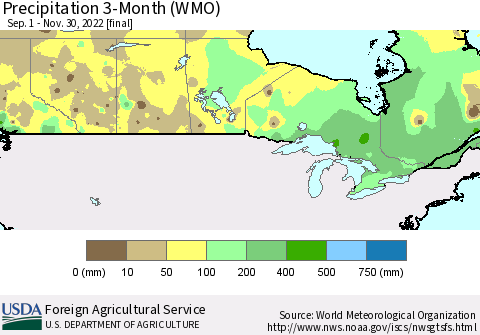 Canada Precipitation 3-Month (WMO) Thematic Map For 9/1/2022 - 11/30/2022
