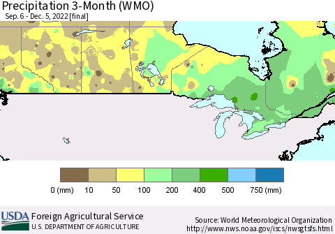Canada Precipitation 3-Month (WMO) Thematic Map For 9/6/2022 - 12/5/2022