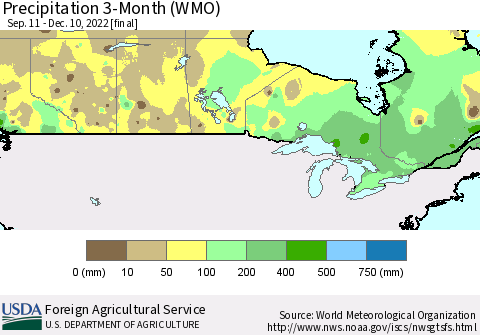 Canada Precipitation 3-Month (WMO) Thematic Map For 9/11/2022 - 12/10/2022
