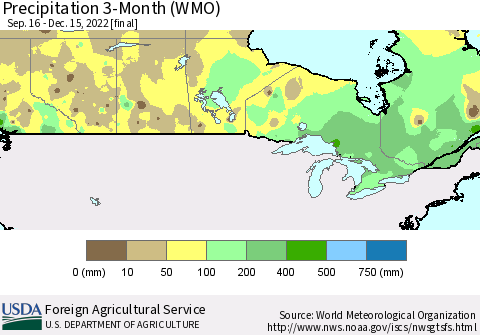 Canada Precipitation 3-Month (WMO) Thematic Map For 9/16/2022 - 12/15/2022