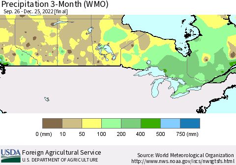 Canada Precipitation 3-Month (WMO) Thematic Map For 9/26/2022 - 12/25/2022