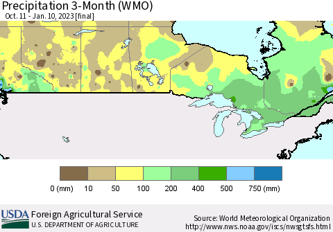 Canada Precipitation 3-Month (WMO) Thematic Map For 10/11/2022 - 1/10/2023