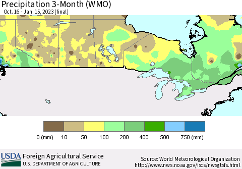 Canada Precipitation 3-Month (WMO) Thematic Map For 10/16/2022 - 1/15/2023