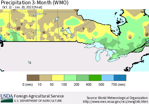 Canada Precipitation 3-Month (WMO) Thematic Map For 10/21/2022 - 1/20/2023