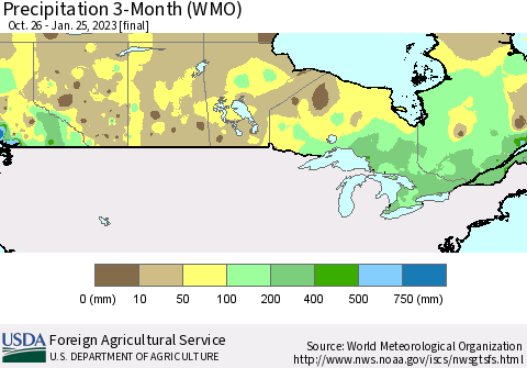 Canada Precipitation 3-Month (WMO) Thematic Map For 10/26/2022 - 1/25/2023
