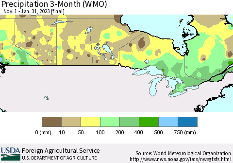Canada Precipitation 3-Month (WMO) Thematic Map For 11/1/2022 - 1/31/2023