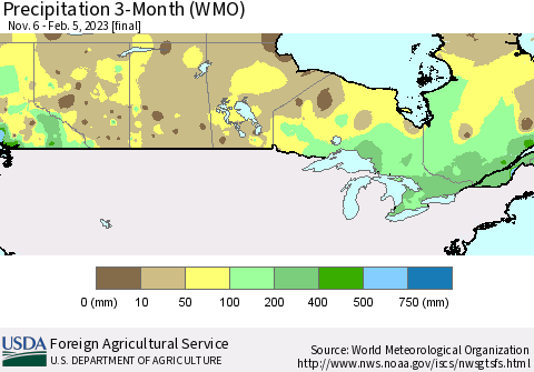 Canada Precipitation 3-Month (WMO) Thematic Map For 11/6/2022 - 2/5/2023