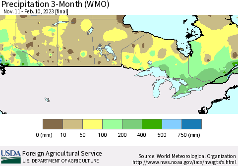 Canada Precipitation 3-Month (WMO) Thematic Map For 11/11/2022 - 2/10/2023