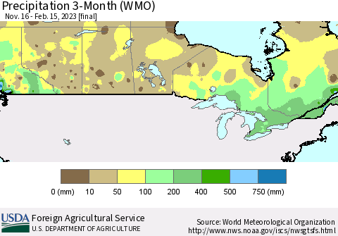Canada Precipitation 3-Month (WMO) Thematic Map For 11/16/2022 - 2/15/2023