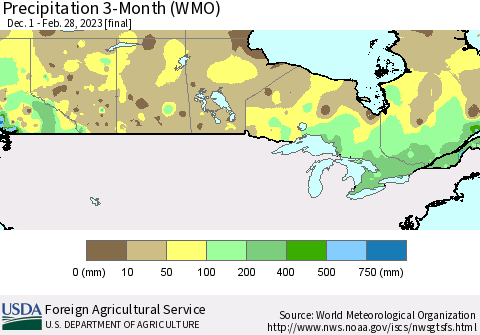 Canada Precipitation 3-Month (WMO) Thematic Map For 12/1/2022 - 2/28/2023