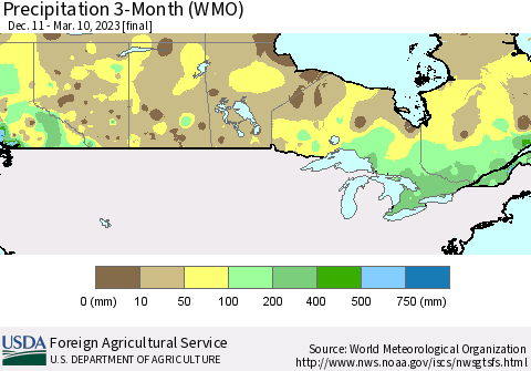 Canada Precipitation 3-Month (WMO) Thematic Map For 12/11/2022 - 3/10/2023