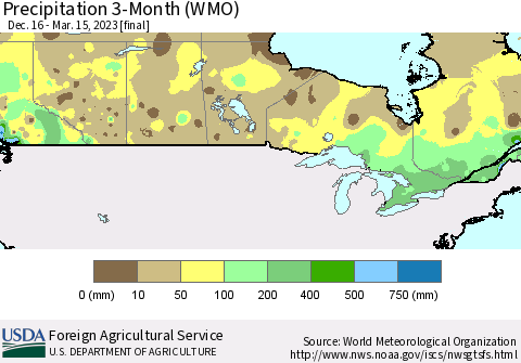 Canada Precipitation 3-Month (WMO) Thematic Map For 12/16/2022 - 3/15/2023