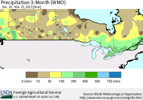 Canada Precipitation 3-Month (WMO) Thematic Map For 12/26/2022 - 3/25/2023