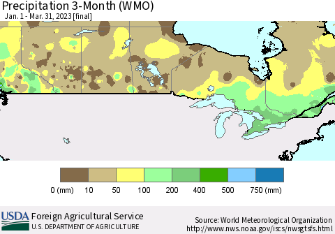 Canada Precipitation 3-Month (WMO) Thematic Map For 1/1/2023 - 3/31/2023