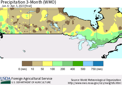 Canada Precipitation 3-Month (WMO) Thematic Map For 1/6/2023 - 4/5/2023