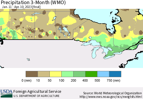 Canada Precipitation 3-Month (WMO) Thematic Map For 1/11/2023 - 4/10/2023
