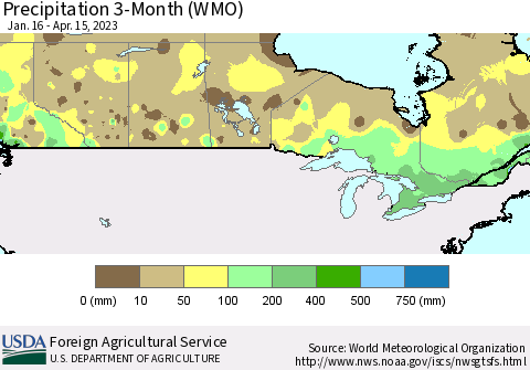 Canada Precipitation 3-Month (WMO) Thematic Map For 1/16/2023 - 4/15/2023