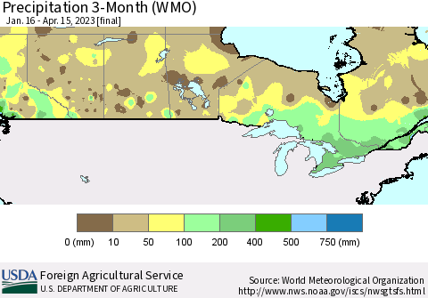 Canada Precipitation 3-Month (WMO) Thematic Map For 1/16/2023 - 4/15/2023