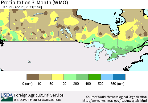 Canada Precipitation 3-Month (WMO) Thematic Map For 1/21/2023 - 4/20/2023