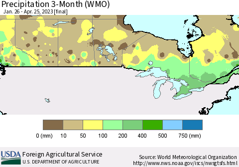 Canada Precipitation 3-Month (WMO) Thematic Map For 1/26/2023 - 4/25/2023