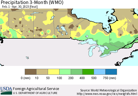 Canada Precipitation 3-Month (WMO) Thematic Map For 2/1/2023 - 4/30/2023