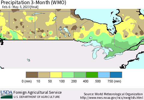 Canada Precipitation 3-Month (WMO) Thematic Map For 2/6/2023 - 5/5/2023