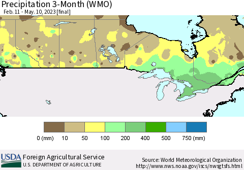 Canada Precipitation 3-Month (WMO) Thematic Map For 2/11/2023 - 5/10/2023