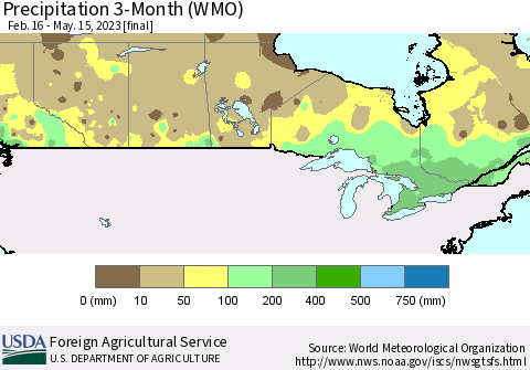Canada Precipitation 3-Month (WMO) Thematic Map For 2/16/2023 - 5/15/2023