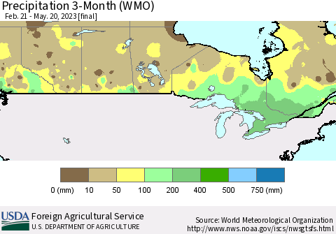 Canada Precipitation 3-Month (WMO) Thematic Map For 2/21/2023 - 5/20/2023