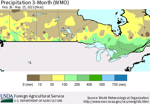 Canada Precipitation 3-Month (WMO) Thematic Map For 2/26/2023 - 5/25/2023